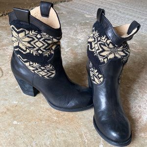 Leather ankle booties.. with sweater pattered material. Faux fur on the inside